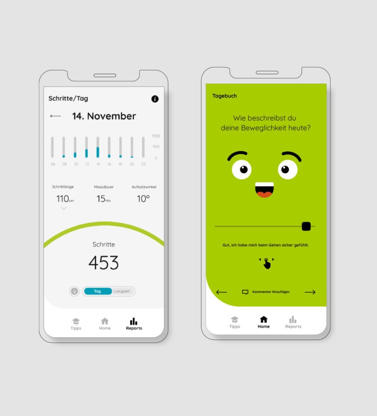 ParkinsonGo App Schritte am Tag und Tagebuch