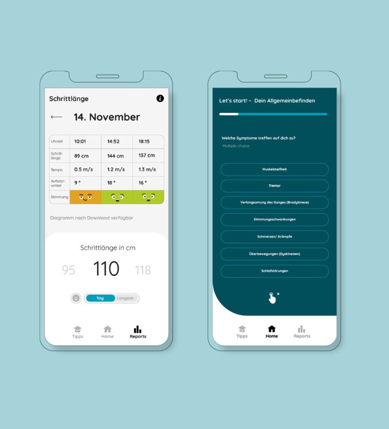 ParkinsonGo App Schrittlänge und Fragebogen